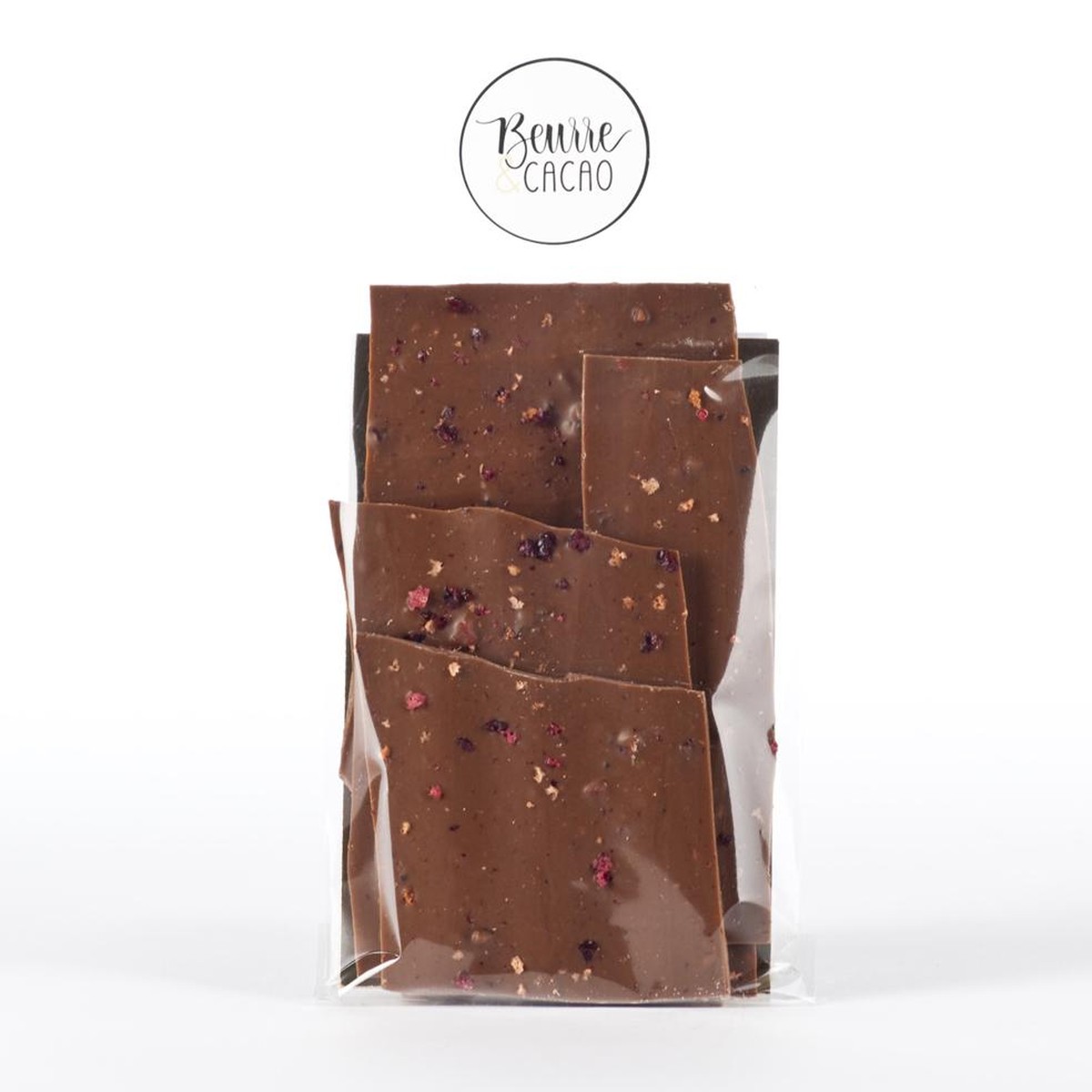 Beurre & Cacao  Eclats Lait 38% Baies des bois, Grand Cru  100gr